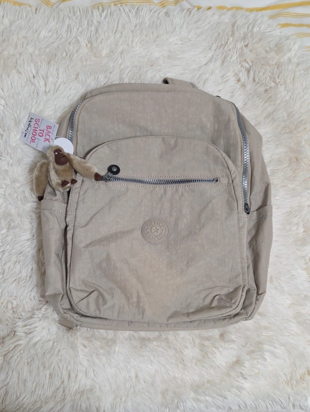 NWT! Kipling Beige Canvas Backpack with Monkey Charm